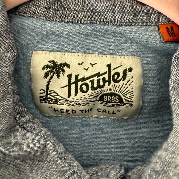 Howler Bros Mens Denim Short Sleeve Sunset Button Up Guayabera Shirt Blue Medium - Picture 7 of 8